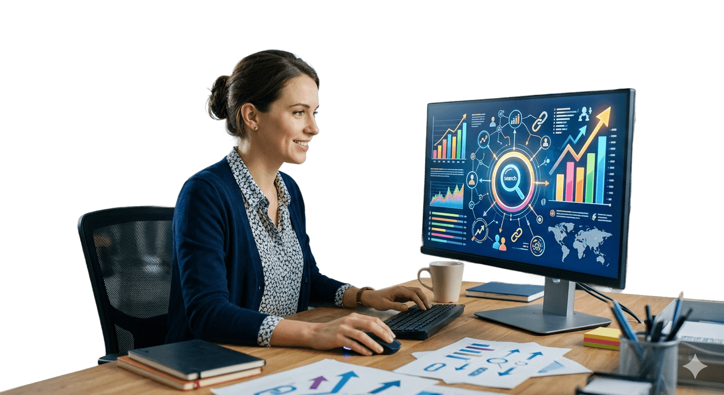 SEO specialist reviewing performance dashboard